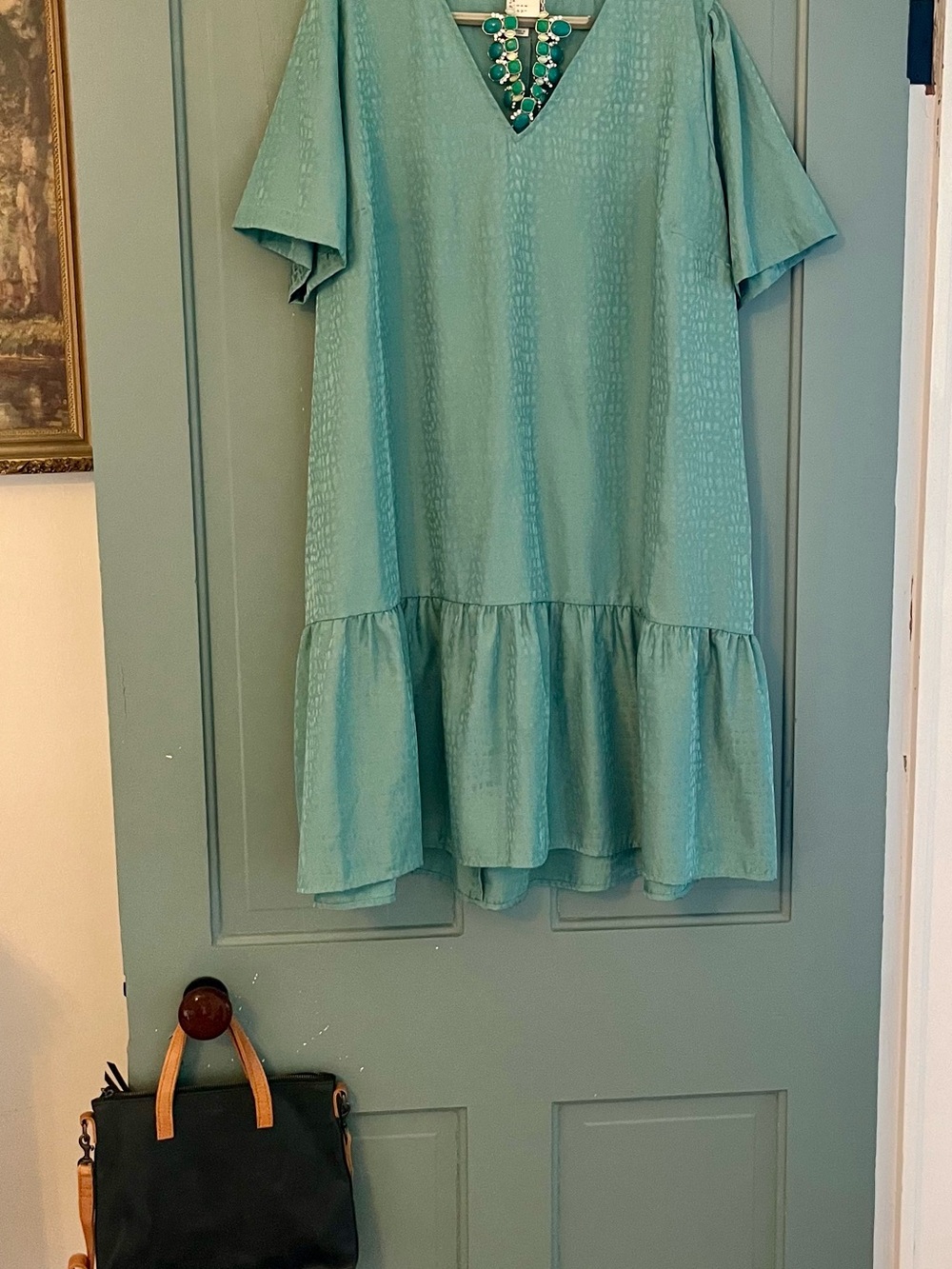 a new day Teal V-Neck Ruffle Hem Dress w accent necklace